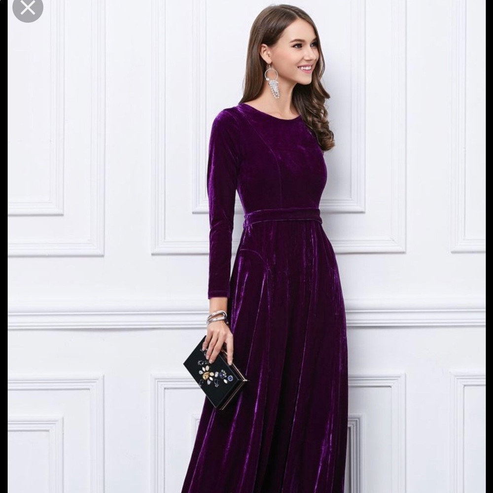 SOLD! Velvet Purple Long Sleeves Dress Pocket Maxi
